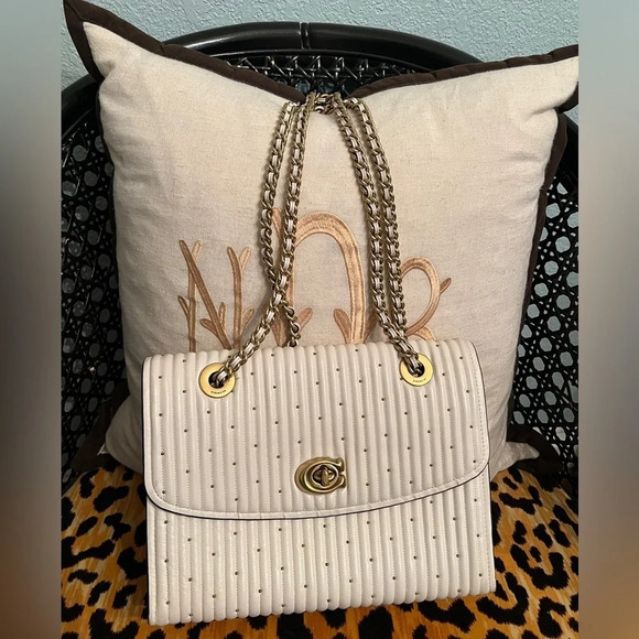 COACH Parker White/Cream Handbag with Quilting & Gold Rivets Shoulder Crossbody - Picture 4 of 16